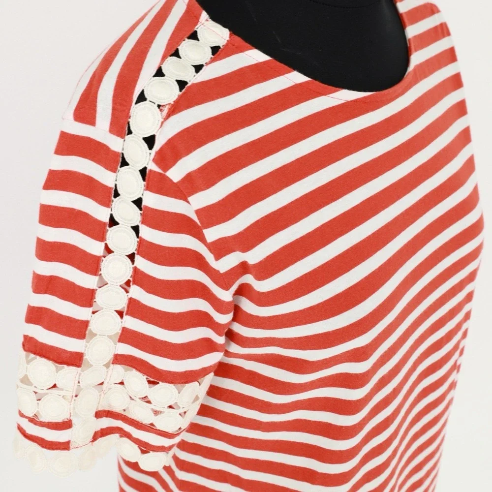 J. Crew Red White Stripe Lace Short Sleeve Crewneck Pullover Cotton Top F7534 XS